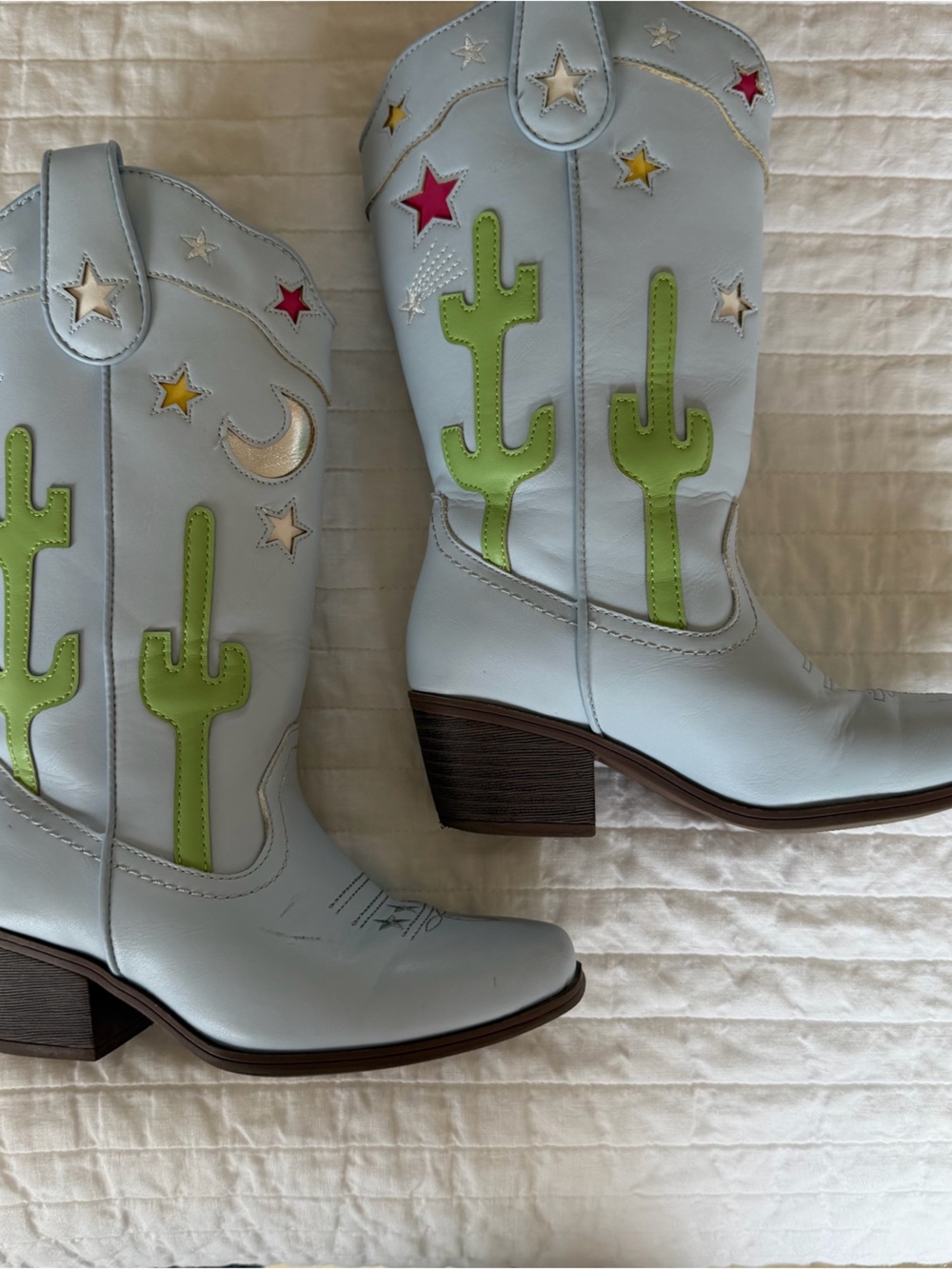 Dream Pairs Light Blue Cowboy Boots with Lime Green Cactus & Multicolor Stars